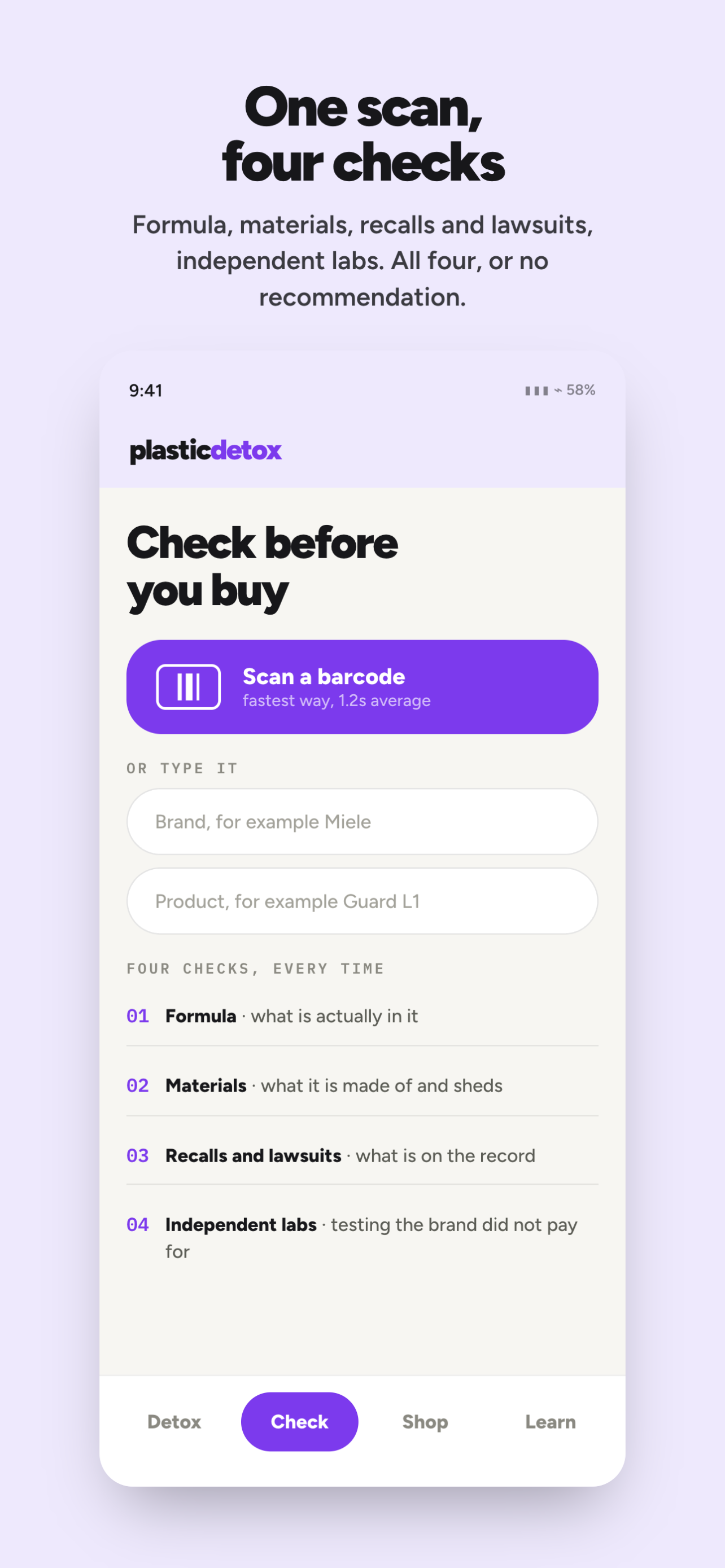 Check tab: Scan a barcode, 1.2s average, or type a brand and product, with the four checks listed below