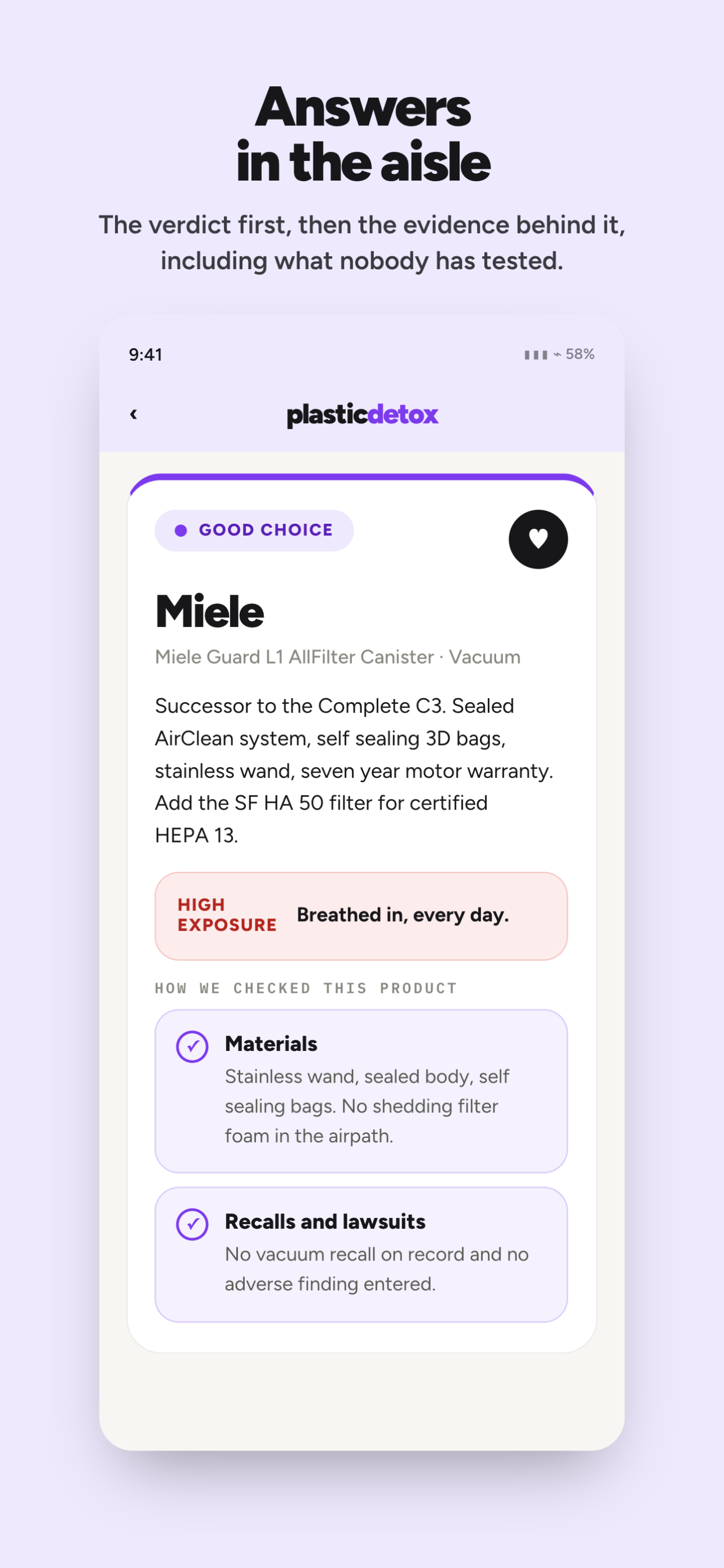A Good Choice verdict for a Miele vacuum, with a High Exposure note and the materials and recalls checks shown