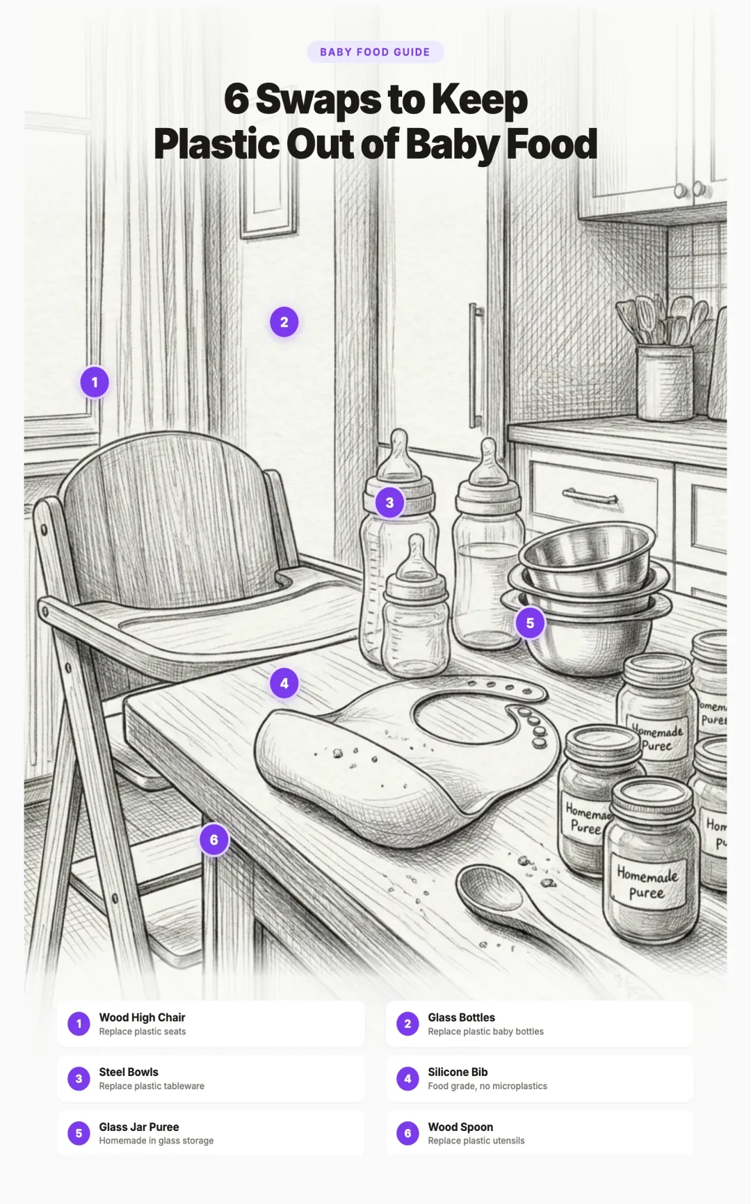 Illustration of 6 baby feeding swaps to reduce microplastics: wood high chair, glass bottles, steel bowls, silicone bib, glass jar puree, and wood spoon