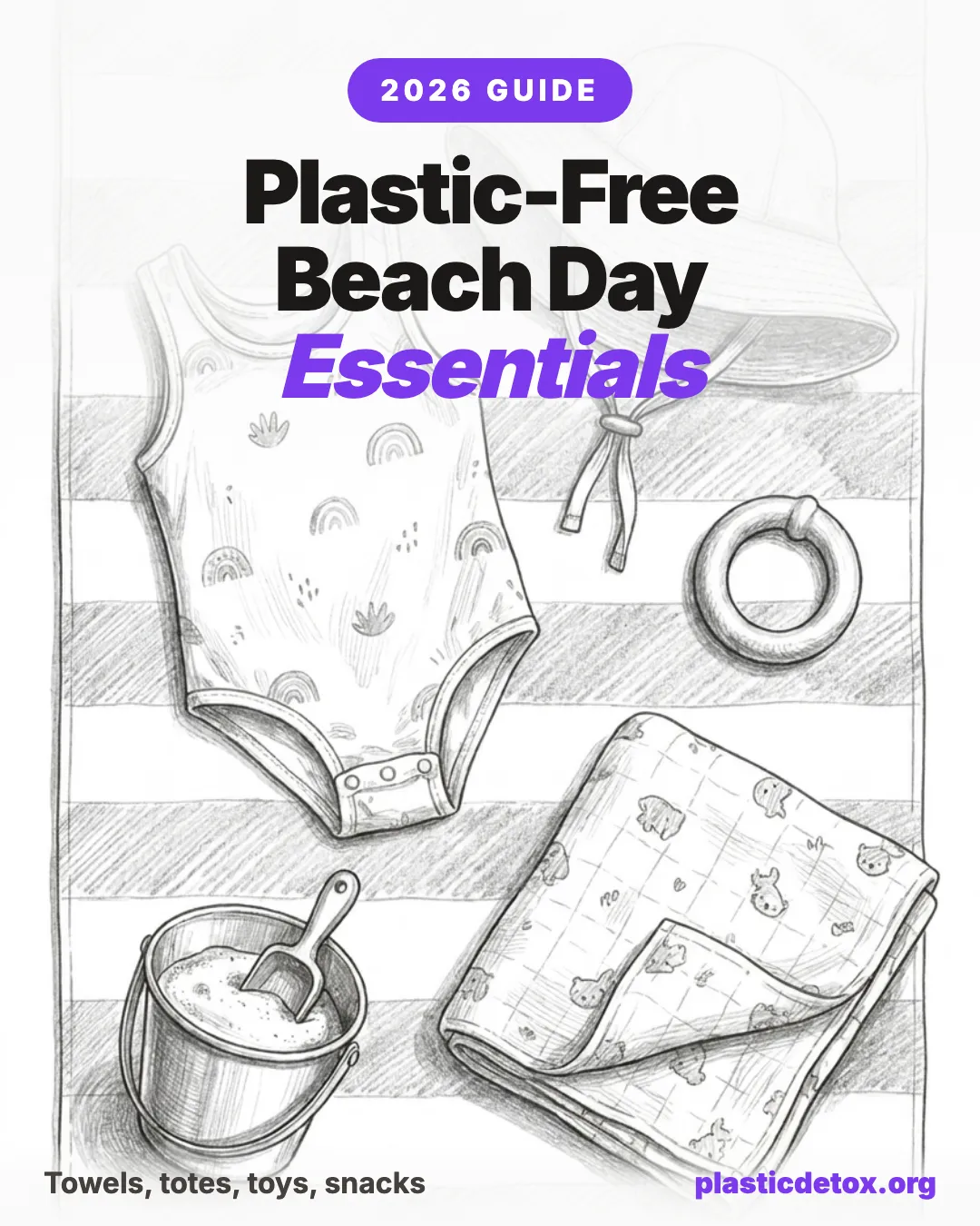 Pencil illustration of plastic free beach day essentials with the headline 'Plastic-Free Beach Day Essentials' over a swimsuit, sun hat, wood teether, muslin blanket, and sand bucket on a striped towel