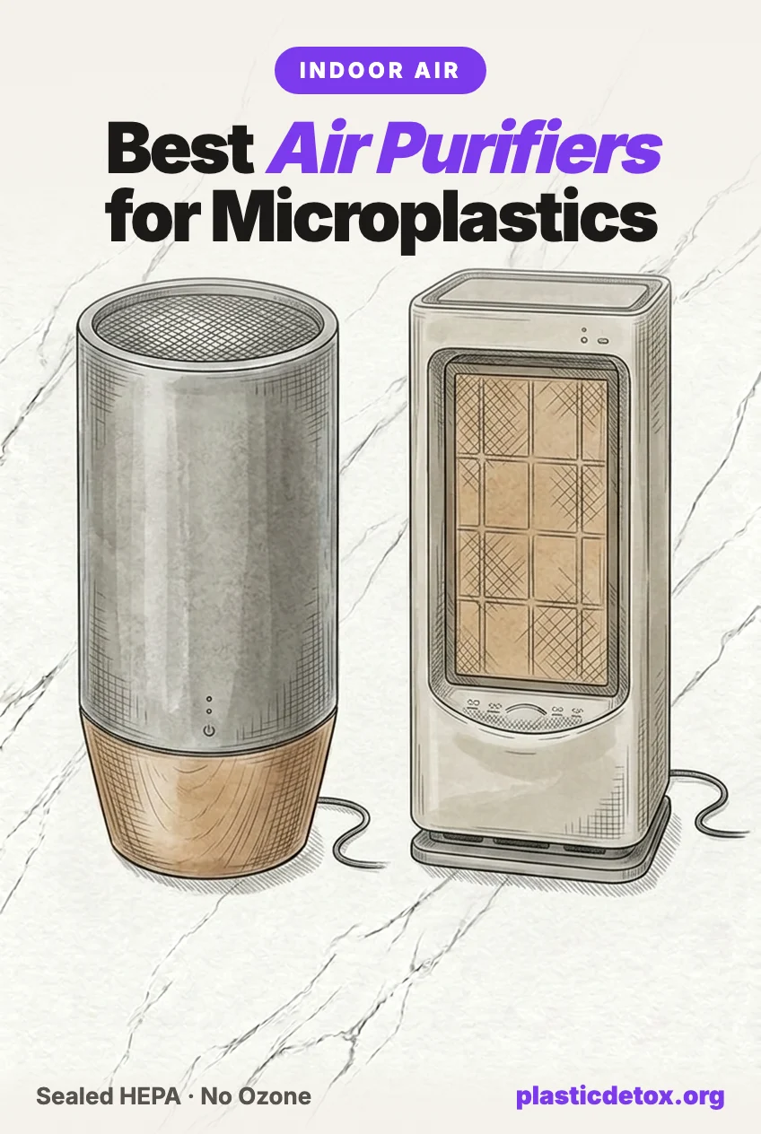 Pencil sketch of two air purifiers on marble with the headline best air purifiers for microplastics