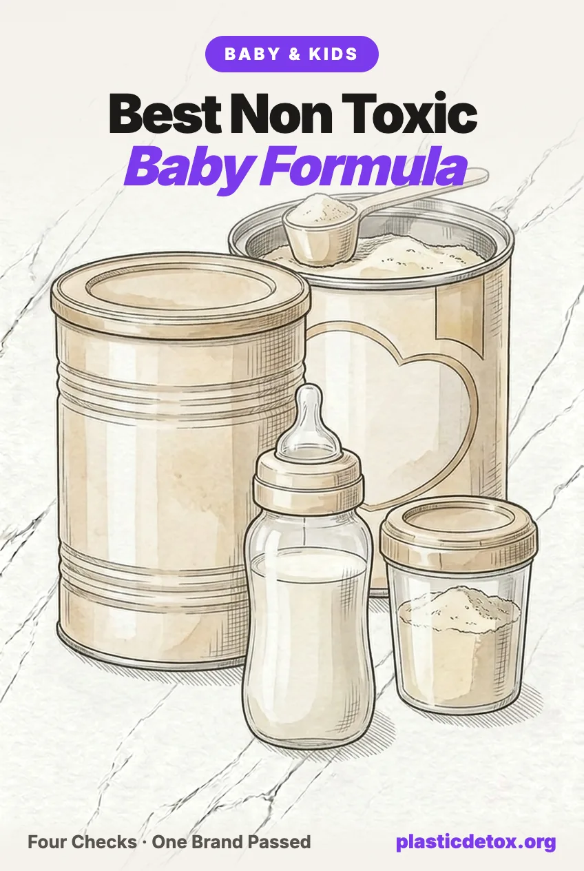 Best non toxic baby formula: steel formula cans, a scoop of powder and a glass baby bottle, run through four checks