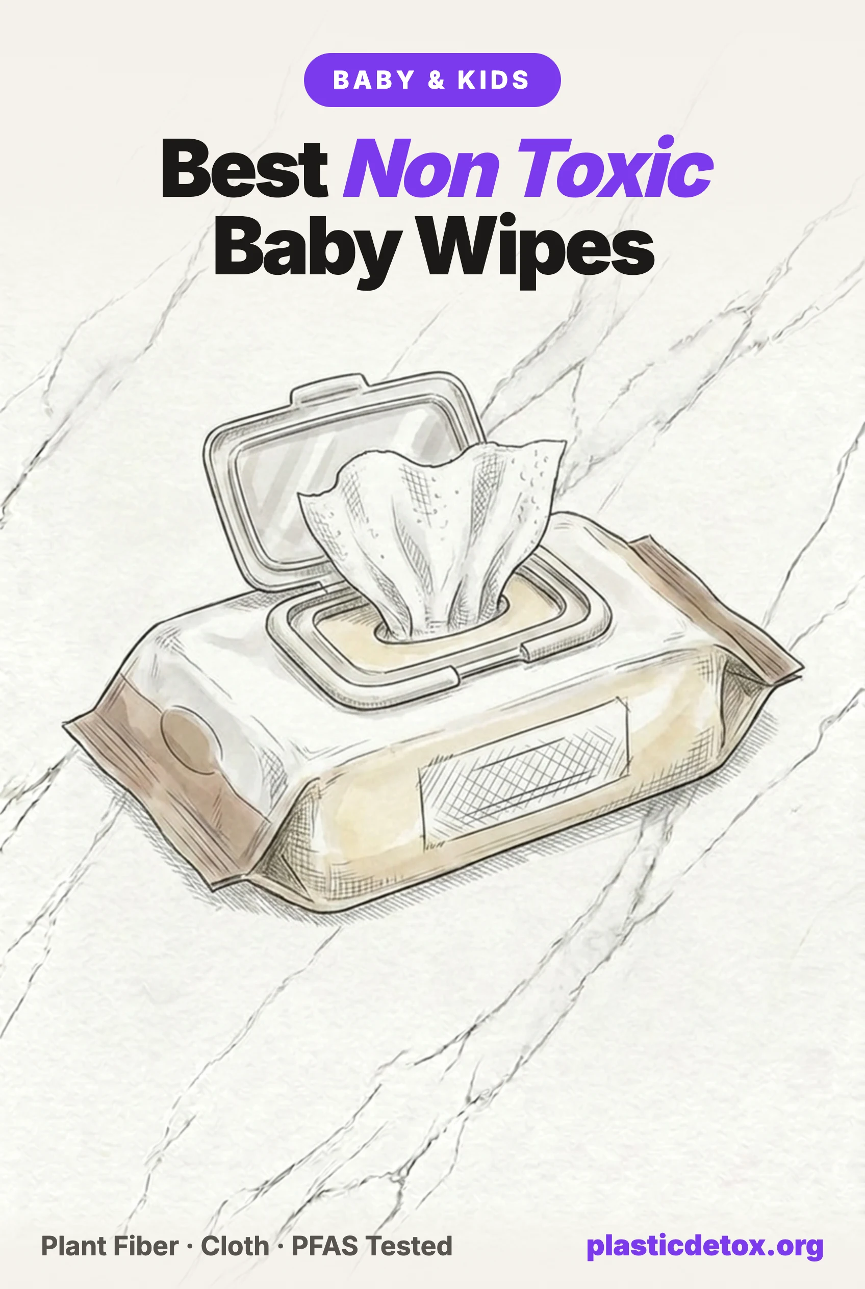 Illustration of non toxic baby wipes, a wipes pack and folded cloth wipes on marble, under the headline Best Non Toxic Baby Wipes