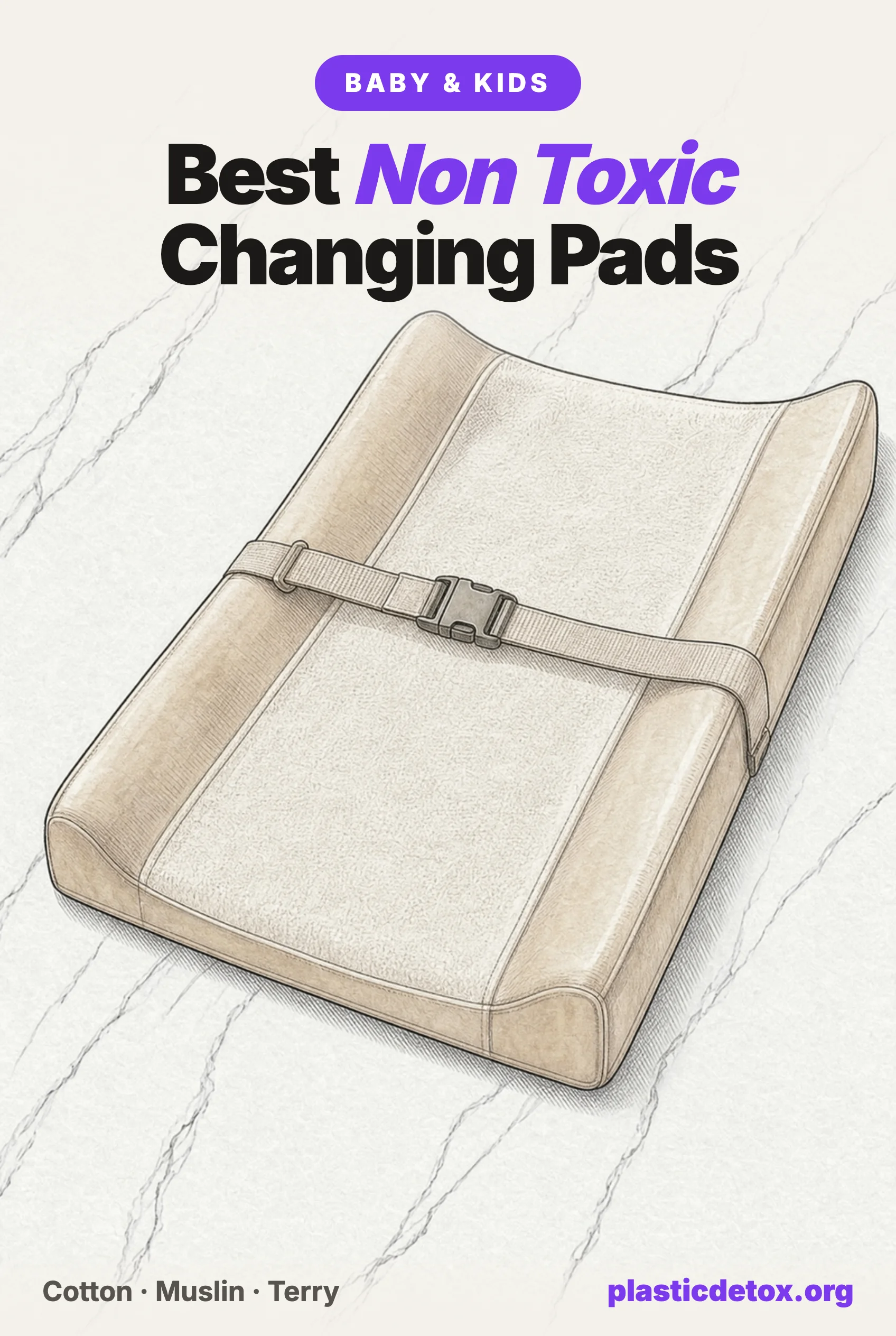 Illustration of a non toxic organic cotton changing pad cover on marble, under the headline Best Non Toxic Changing Pads