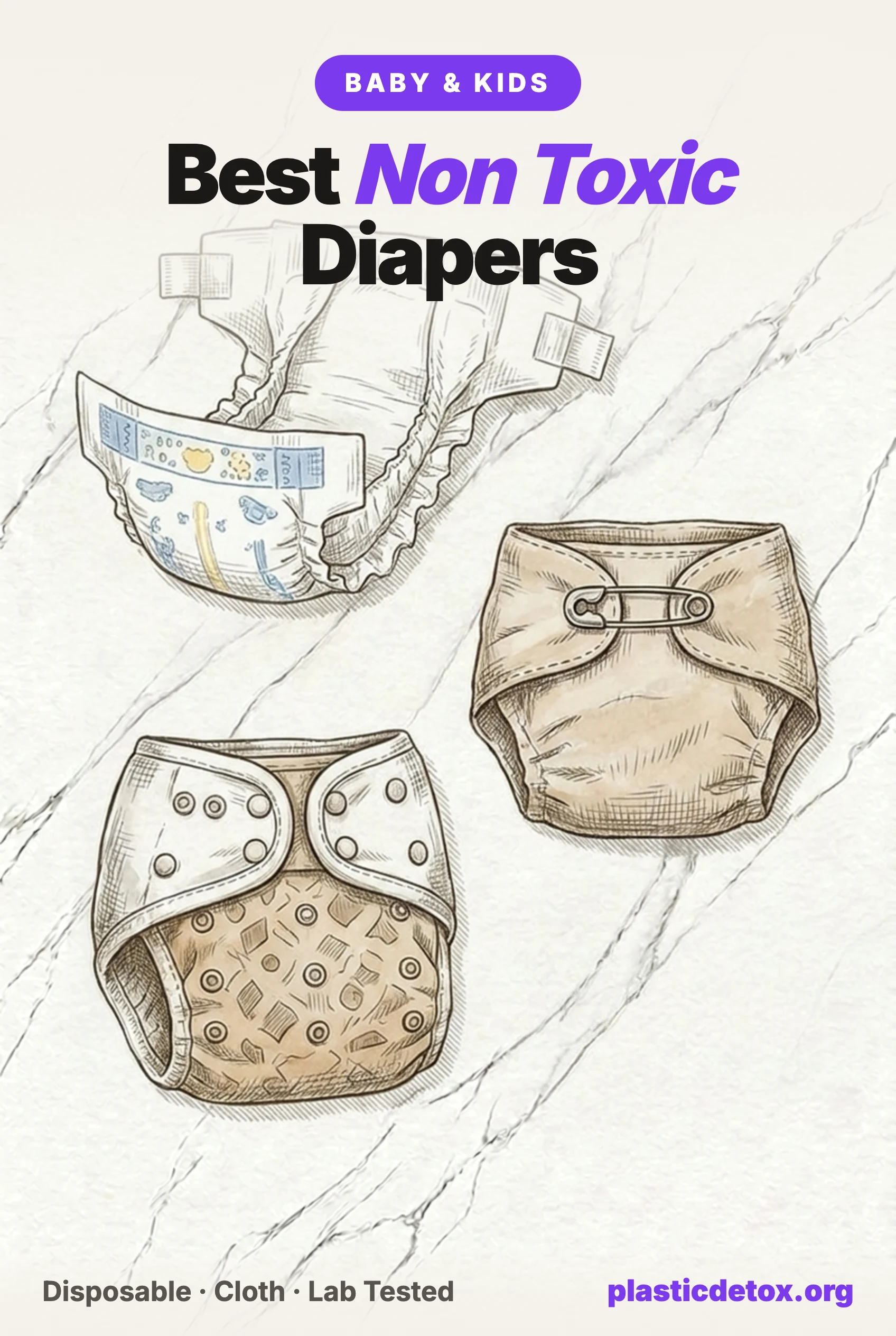 Illustration of non toxic diapers, a disposable diaper and two reusable cloth diaper covers on marble, under the headline Best Non Toxic Diapers