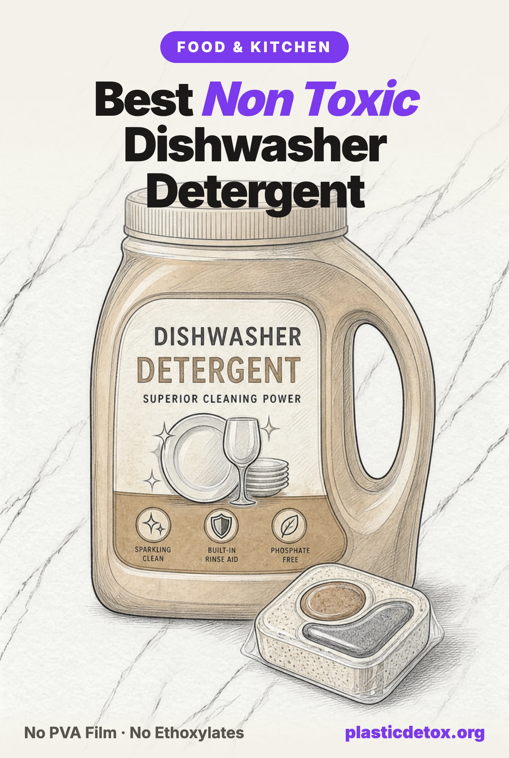 Pencil illustration of a dishwasher detergent jug and a single detergent pod on marble, under the headline Best Non Toxic Dishwasher Detergent