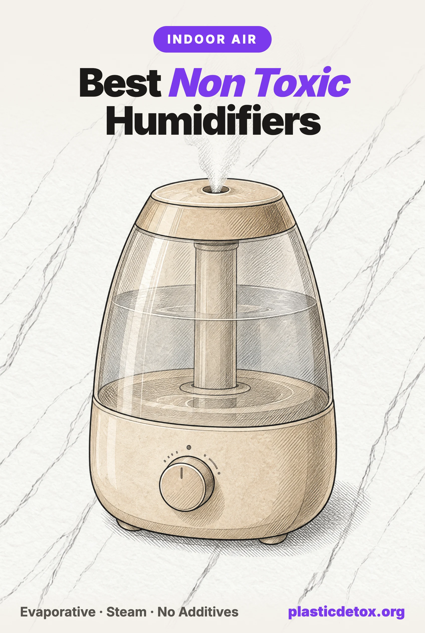 Pencil sketch of three humidifiers on marble with the headline best non toxic humidifiers