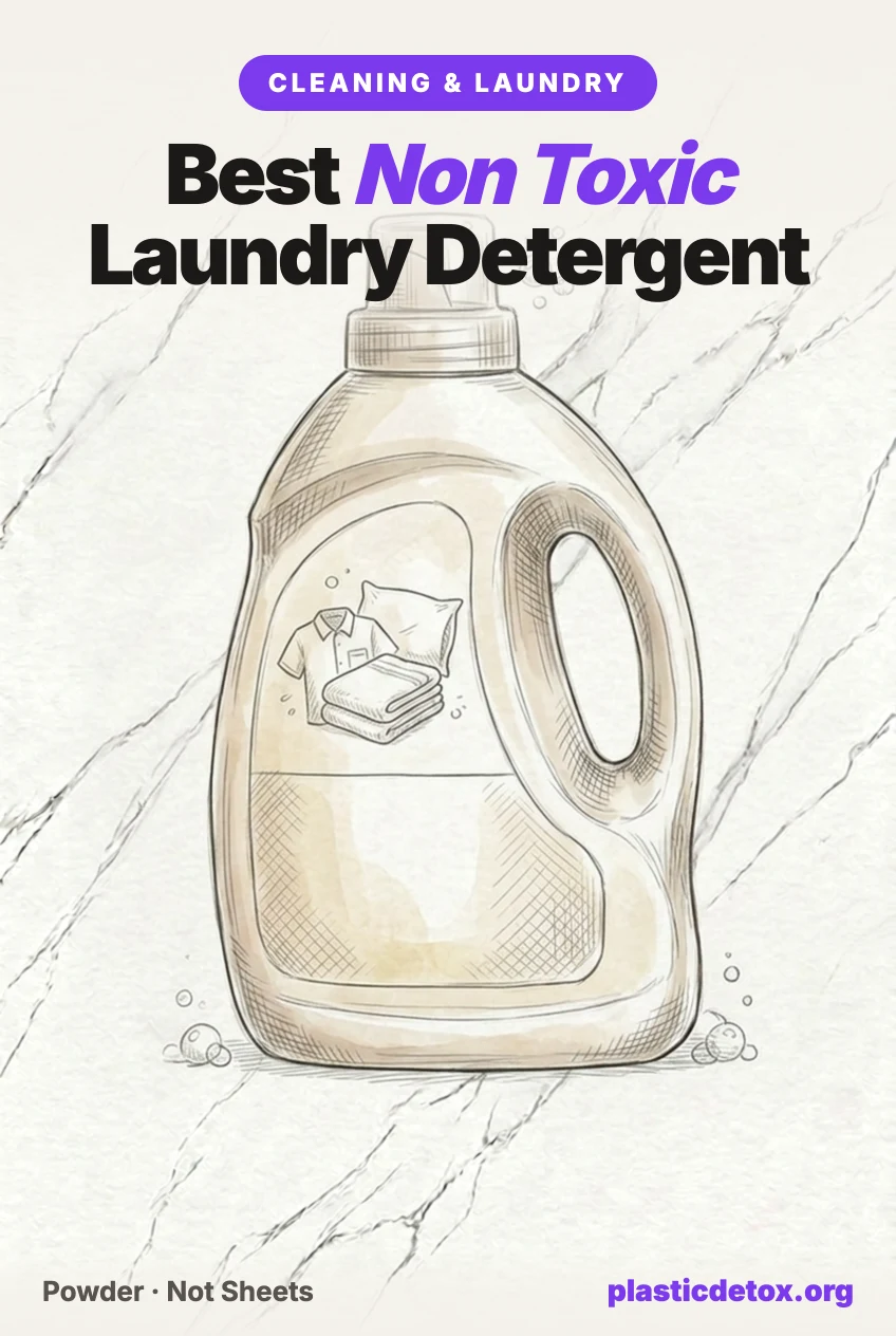 Illustration of a laundry room with a washing machine, detergent, drying rack and a basket tagged 100 percent polyester, under the headline Best Non Toxic Laundry Detergent
