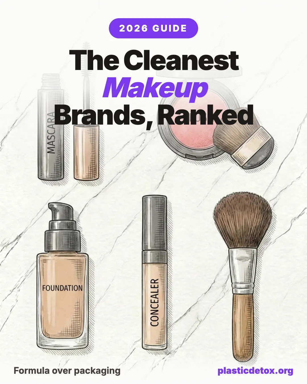 The cleanest makeup brands ranked: illustration of mascara, blush, foundation, concealer and a powder brush on marble