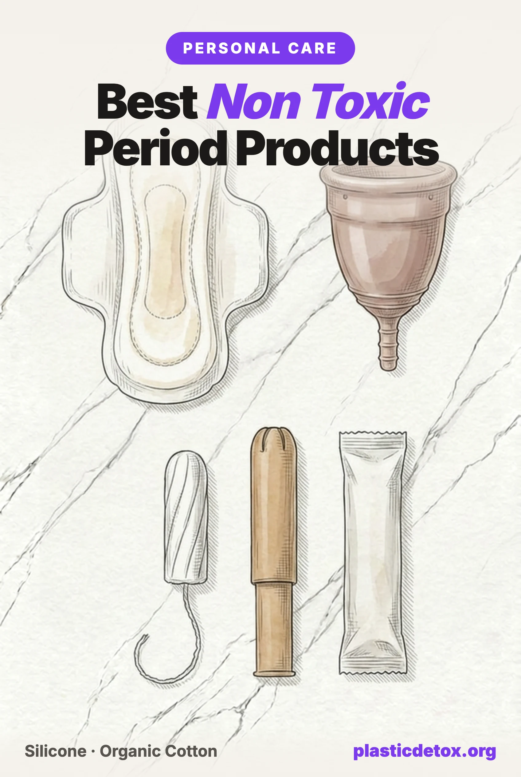 Best non toxic period products: an organic cotton pad, a medical grade silicone menstrual cup, and tampons with a cardboard applicator