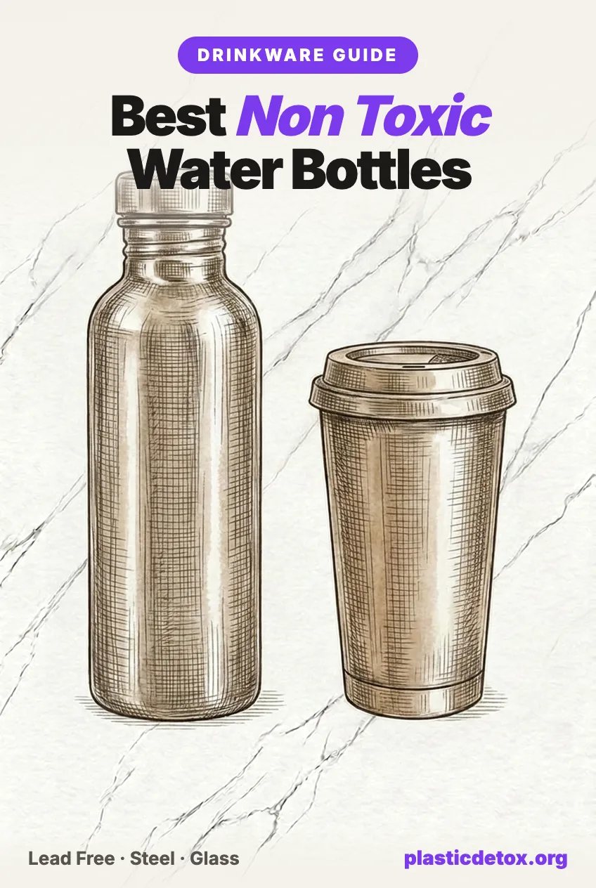 Pencil sketch of a stainless steel water bottle and an insulated tumbler on marble with the headline best non toxic water bottles