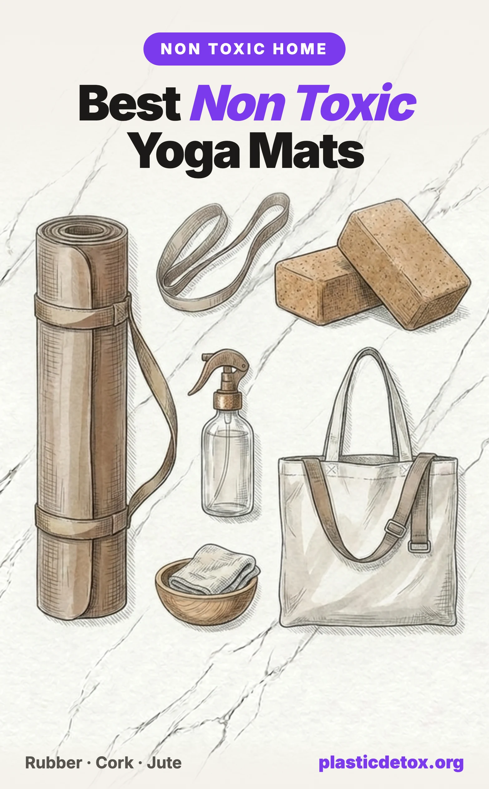 Illustration of non toxic yoga gear, a rolled natural rubber mat, cork blocks, cotton tote, and cleaning spray, under the headline Best Non Toxic Yoga Mats