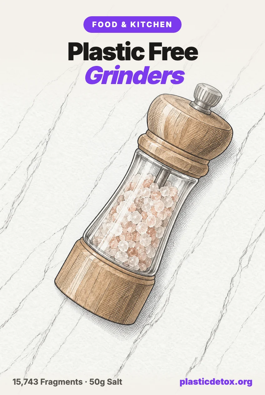 Pencil illustration of a salt mill and a pepper mill on marble, under the headline Best Plastic Free Salt and Pepper Grinders
