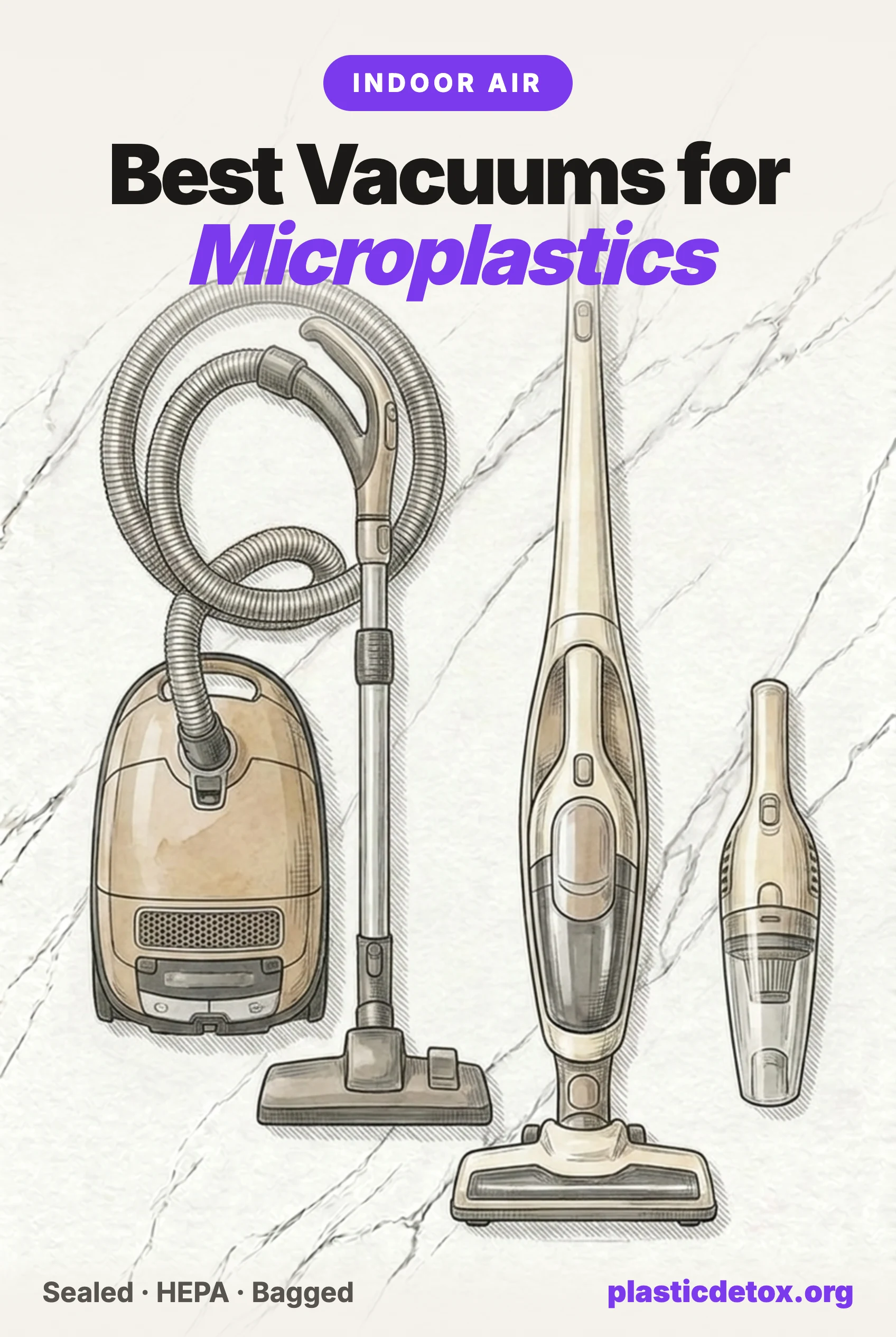 Illustration of three vacuum cleaners, a bagged canister vacuum, a cordless stick vacuum and a handheld vacuum, under the headline Best Vacuums for Microplastics