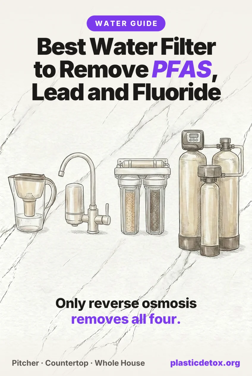 Best water filter to remove PFAS, lead and fluoride. Illustration of a pitcher, faucet filter, under sink system and whole house tanks on marble, with the note that only reverse osmosis removes all four