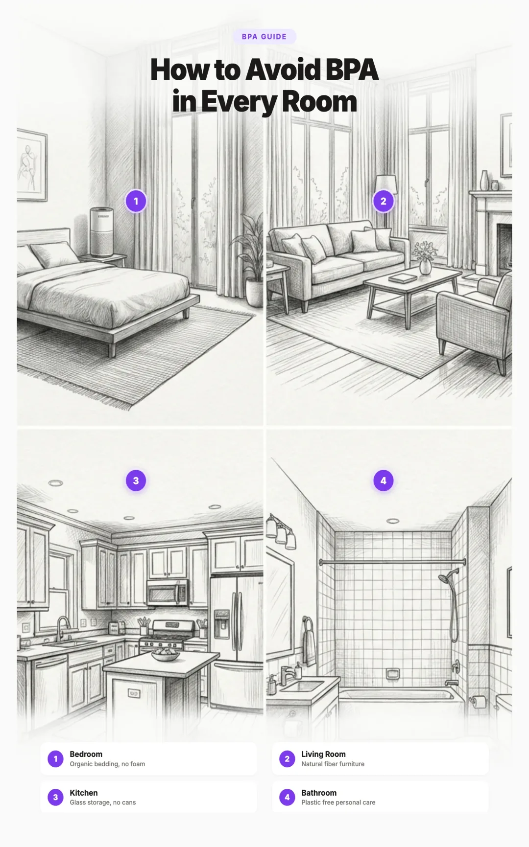 Pinterest infographic showing how to avoid BPA and phthalates room by room in your home