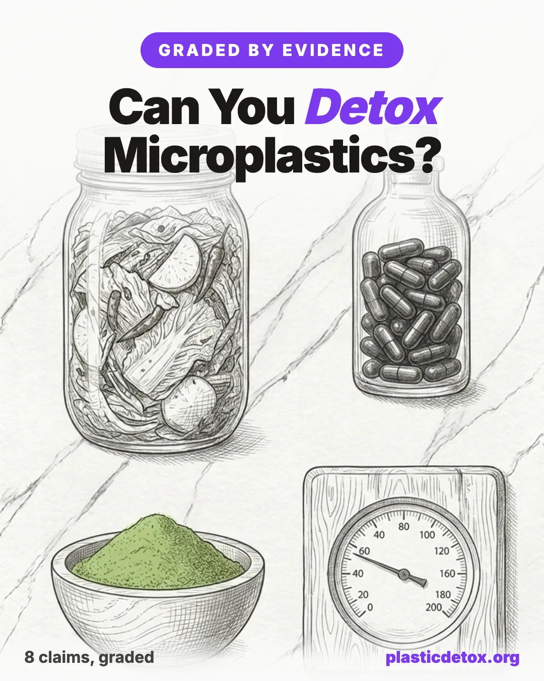 Can you detox microplastics? Pencil illustration of a jar of kimchi, a bottle of capsules, a bowl of green powder, and a scale on marble, with 8 claims graded by the evidence