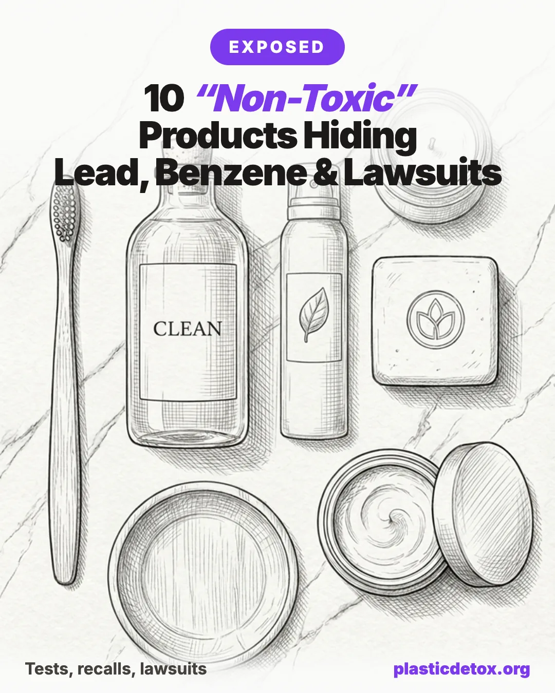 Pencil sketch of clean labeled personal care products with the headline 10 Non-Toxic Products Hiding Lead, Benzene and Lawsuits