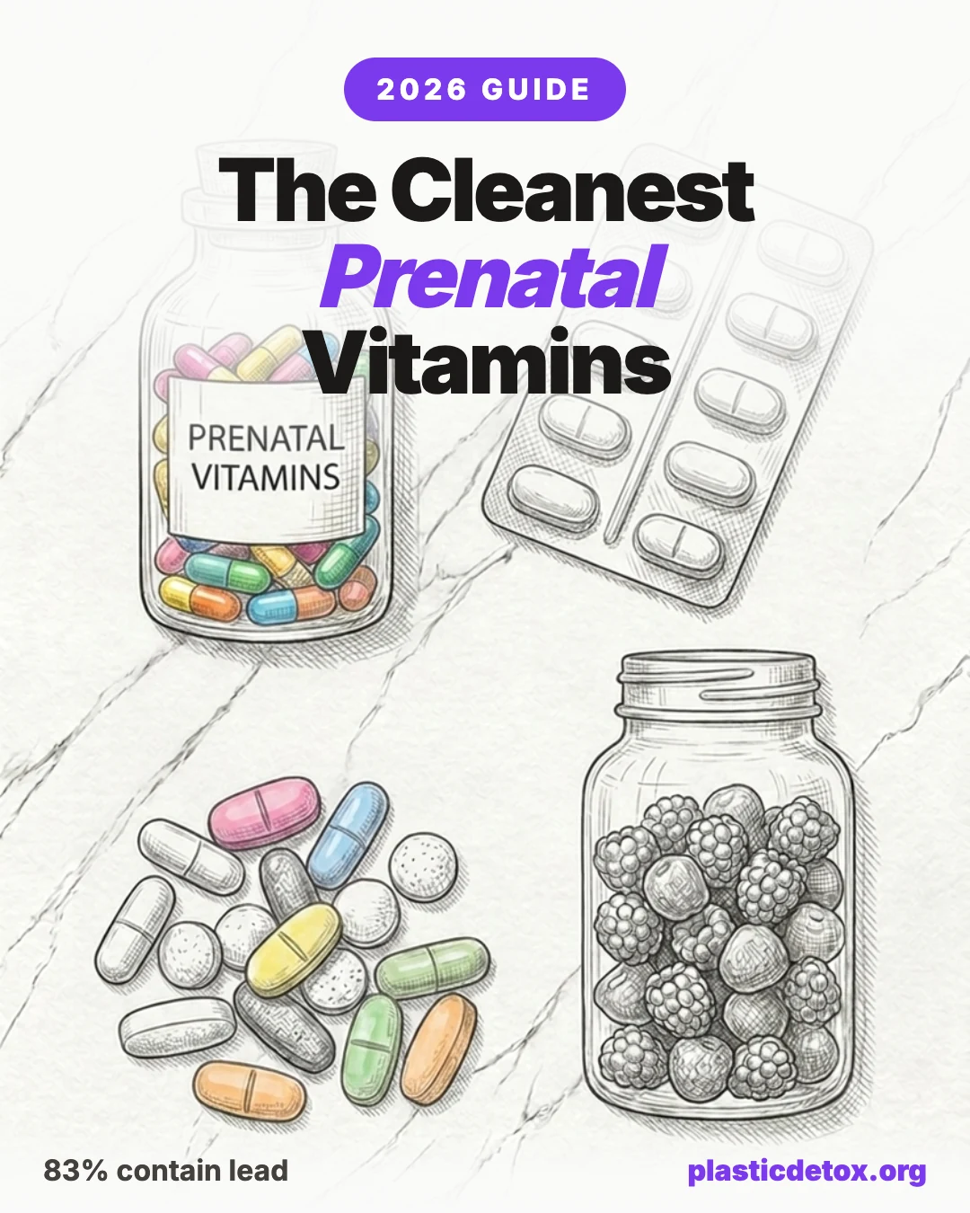 The cleanest prenatal vitamins: pencil illustration of a glass jar of capsules, a glass dropper bottle, and a powder jar on a soft background
