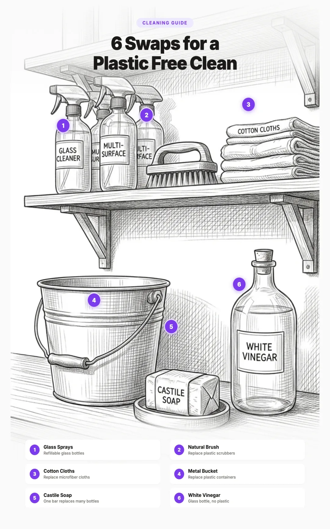 Illustration of 6 cleaning swaps to reduce microplastics: glass spray bottles, natural brush, cotton cloths, metal bucket, castile soap, and white vinegar
