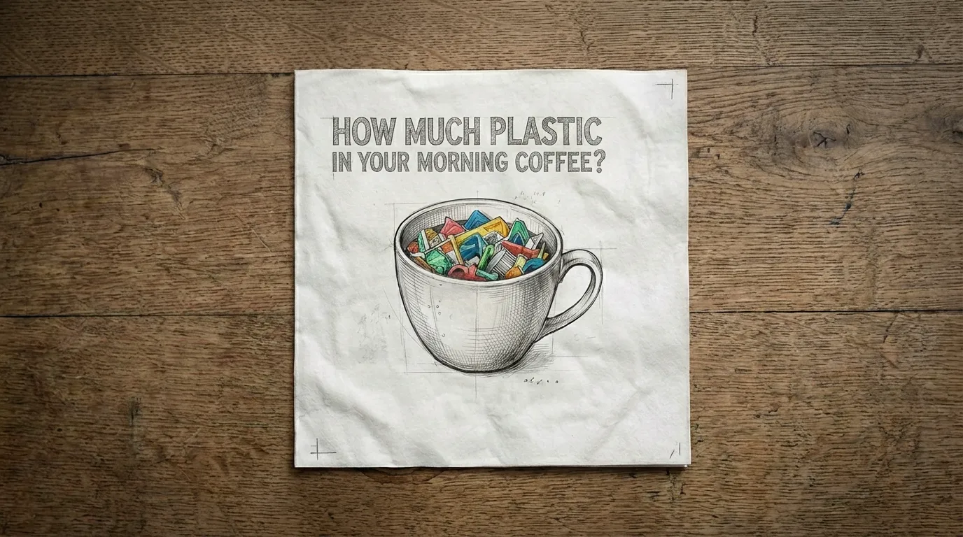 Illustration of a coffee cup filled with colorful plastic pieces, asking how much plastic is in your morning coffee