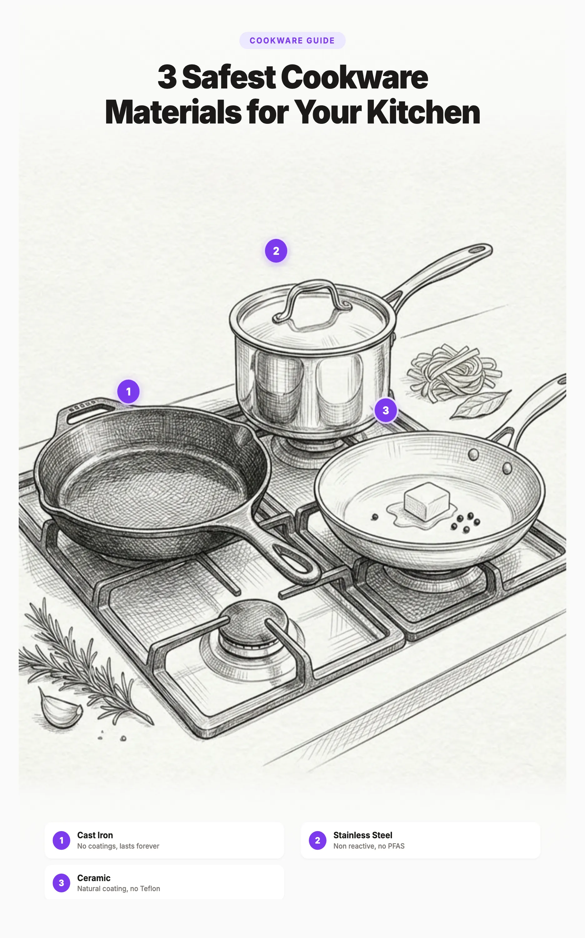Illustration of 3 safest cookware materials: cast iron, stainless steel, and ceramic cookware
