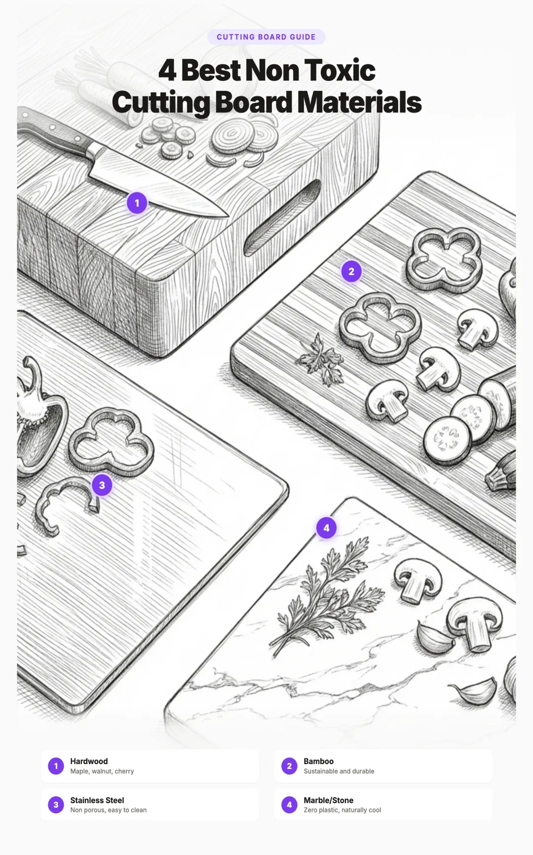 Illustration of 4 best non toxic cutting board materials: hardwood, bamboo, stainless steel, and marble