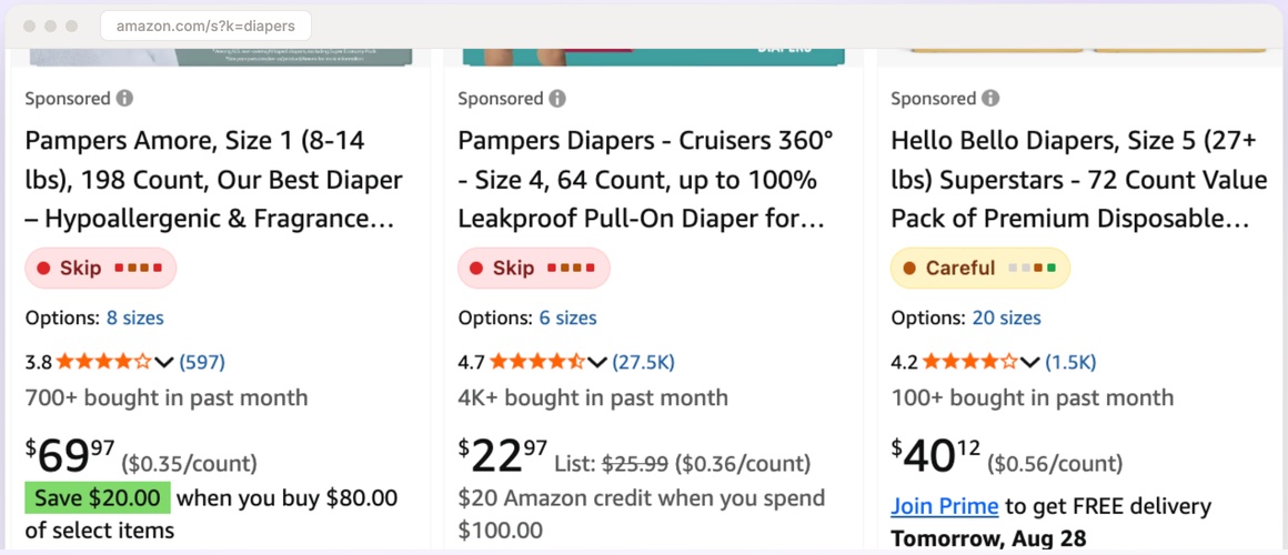 Amazon search results with Skip, Careful and Good choice verdict chips on each listing