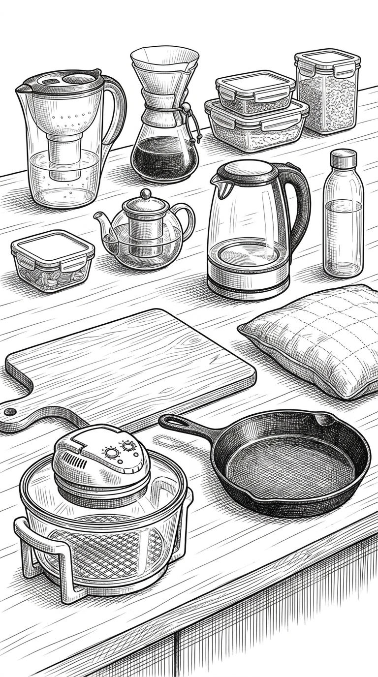 Pencil illustration of the 10 first plastic swaps numbered: water filter, food storage, coffee maker, teapot, kettle, glass water bottle, countertop appliance, cast iron skillet, cutting board, and pillow for bedding