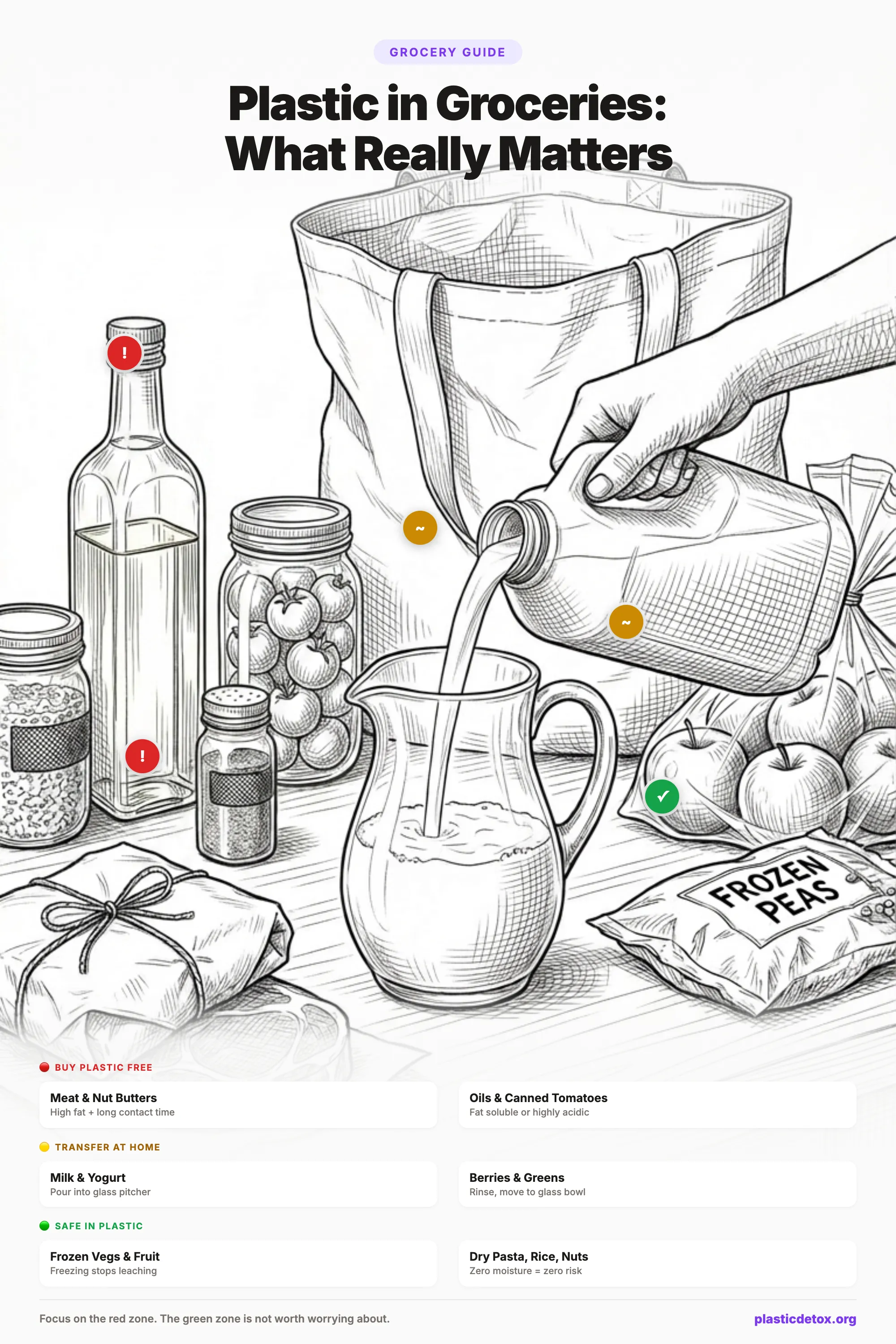 Infographic showing three zones of plastic exposure in groceries: red zone foods that should always be bought plastic free, yellow zone foods that should be transferred at home, and green zone foods that are safe in plastic