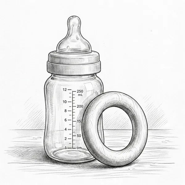 Pencil illustration of a glass baby bottle and teething ring representing the baby and kids guide