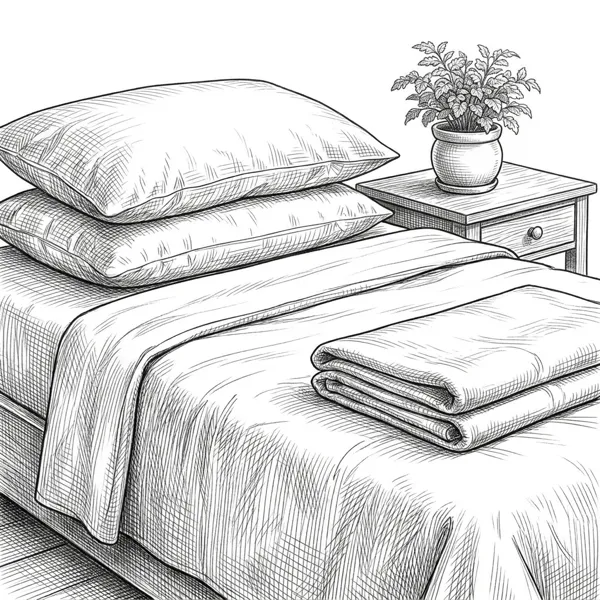 Pencil illustration of a bed and nightstand representing the bedroom and indoor air guide