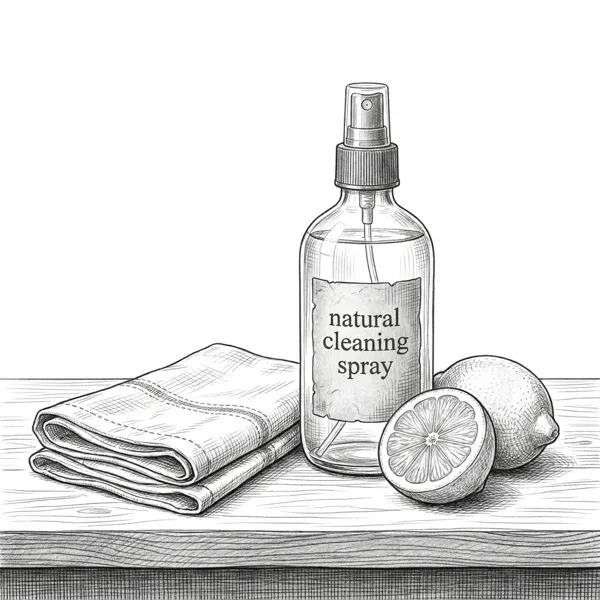 Pencil illustration of a natural cleaning spray bottle and lemon representing the non-toxic cleaning guide