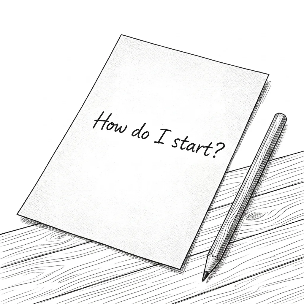 Pencil illustration of a notepad and pencil with the words how do I start, representing the getting started checklist