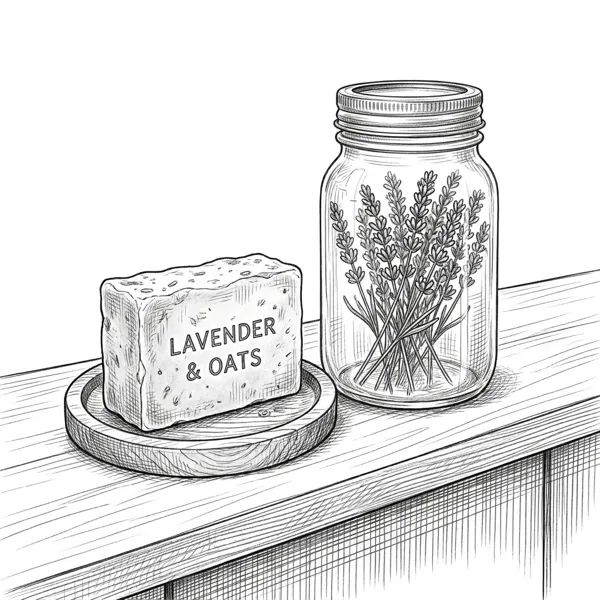 Pencil illustration of a soap bar and apothecary jar representing the personal care guide