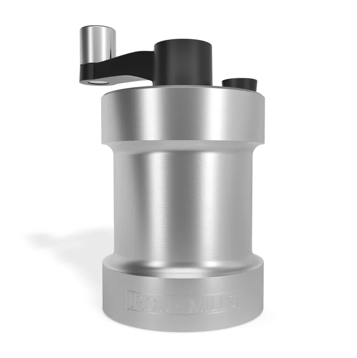 Iron-Mills brushed stainless steel salt mill with crank handle