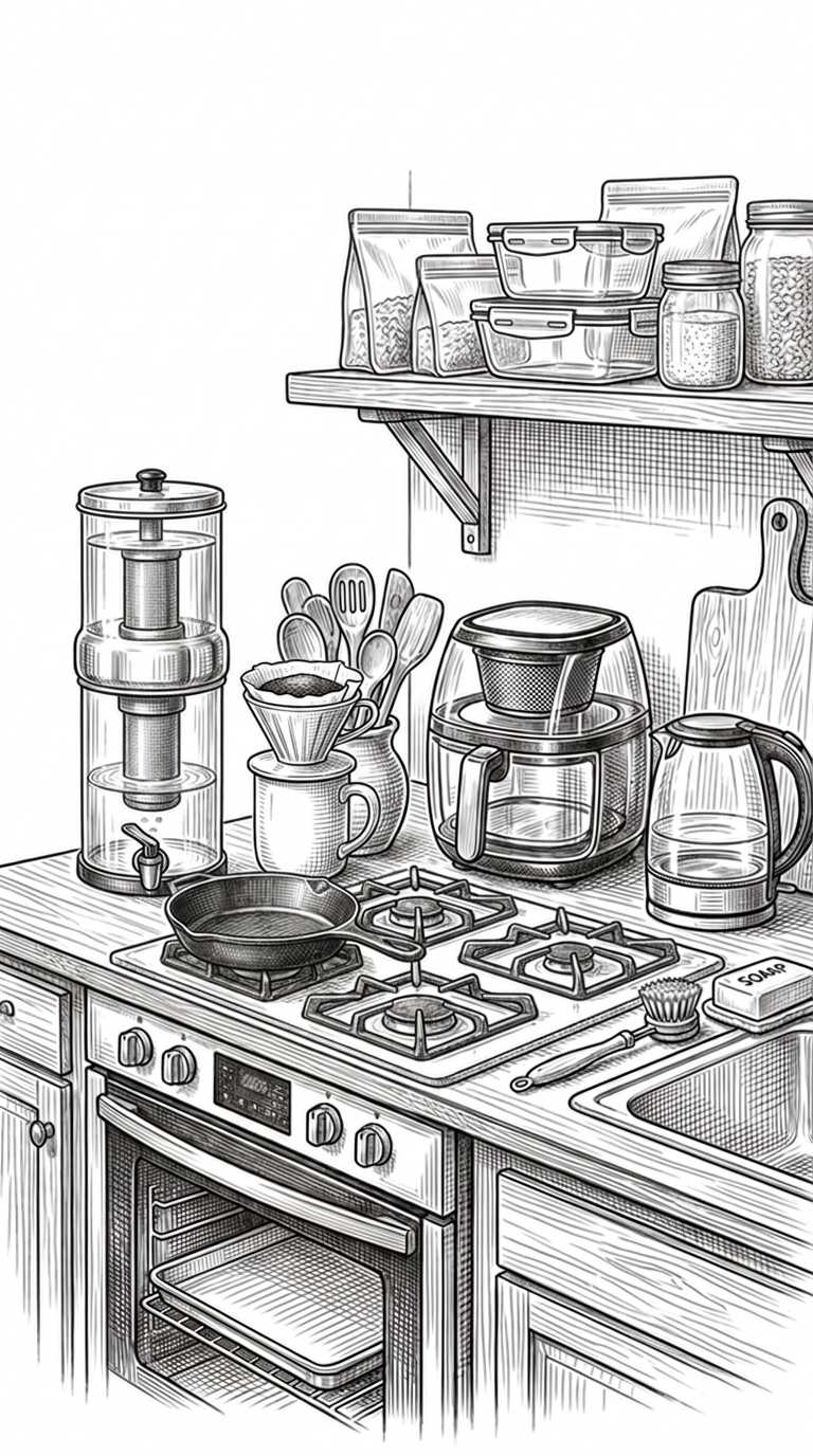 Pencil illustration of a non-toxic kitchen with all 12 swap priorities numbered: drinking water, cookware, appliances, food storage, cutting boards, kettle, coffee, food wraps, utensils, baking, groceries, and dishwashing