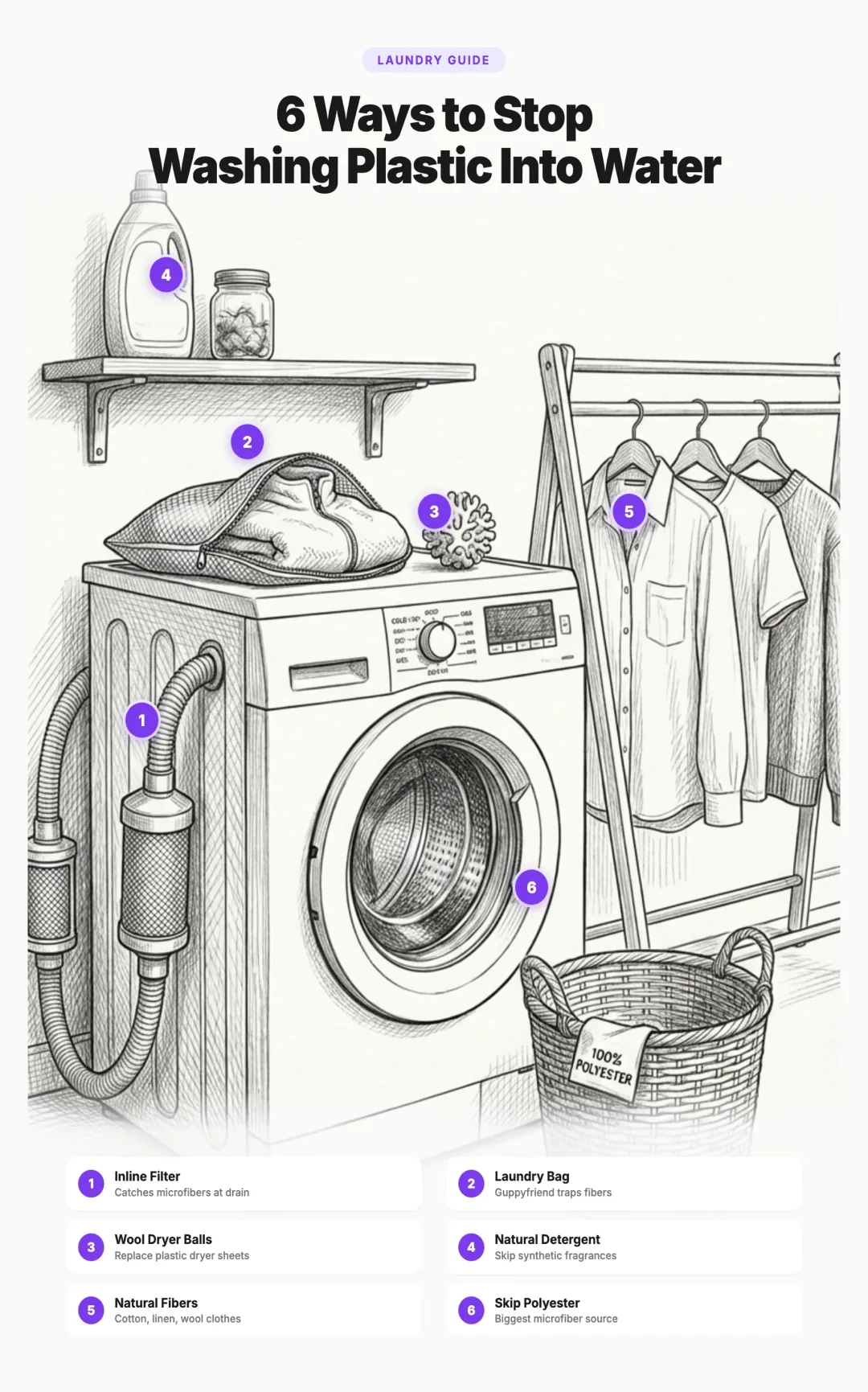 Illustration of 6 laundry swaps to reduce microplastic pollution: inline filter, Guppyfriend bag, wool dryer balls, natural detergent, natural fiber clothes, and avoiding polyester