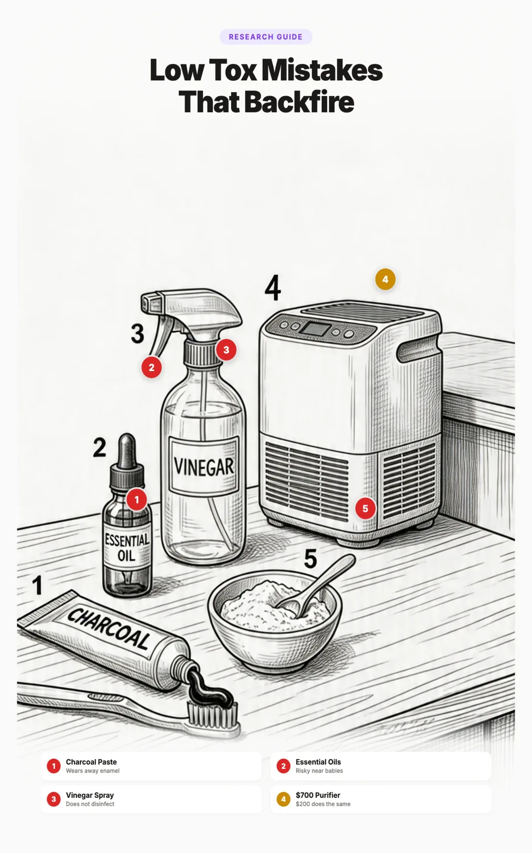 Infographic showing 5 common low tox mistakes that backfire: charcoal toothpaste, essential oils near babies, vinegar as disinfectant, overpriced air purifiers, and clay toothpaste with heavy metals