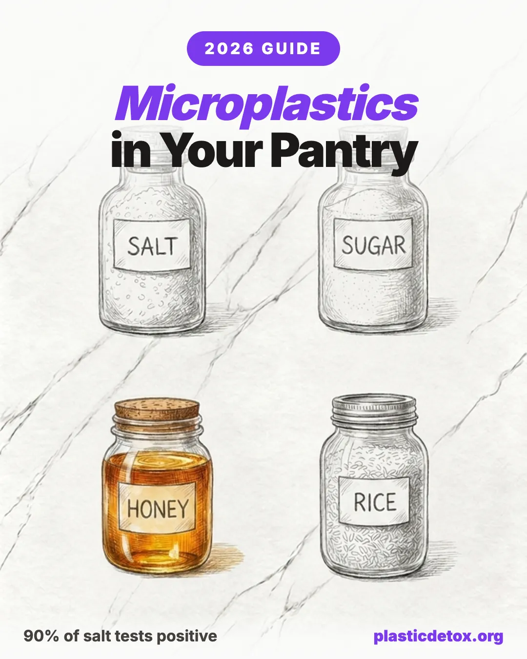 Pencil illustration of pantry jars labeled salt, sugar, honey, and rice with the headline microplastics in salt, sugar, and pantry staples