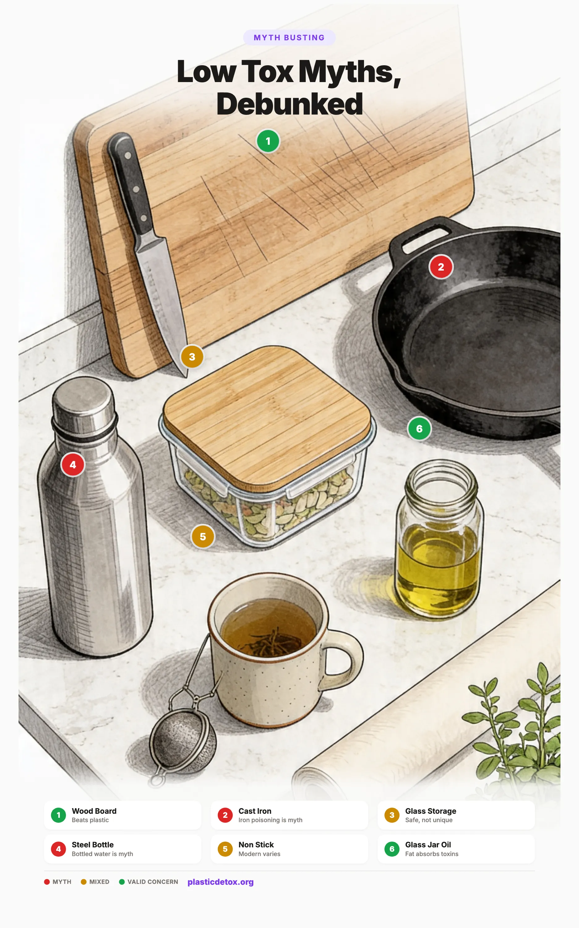 Infographic showing six common low tox myths with verdicts: Myth, Mixed, or Valid. Includes microwaves, non stick pans, BPA free, bottled water, plastic cutting boards, and sunscreen.