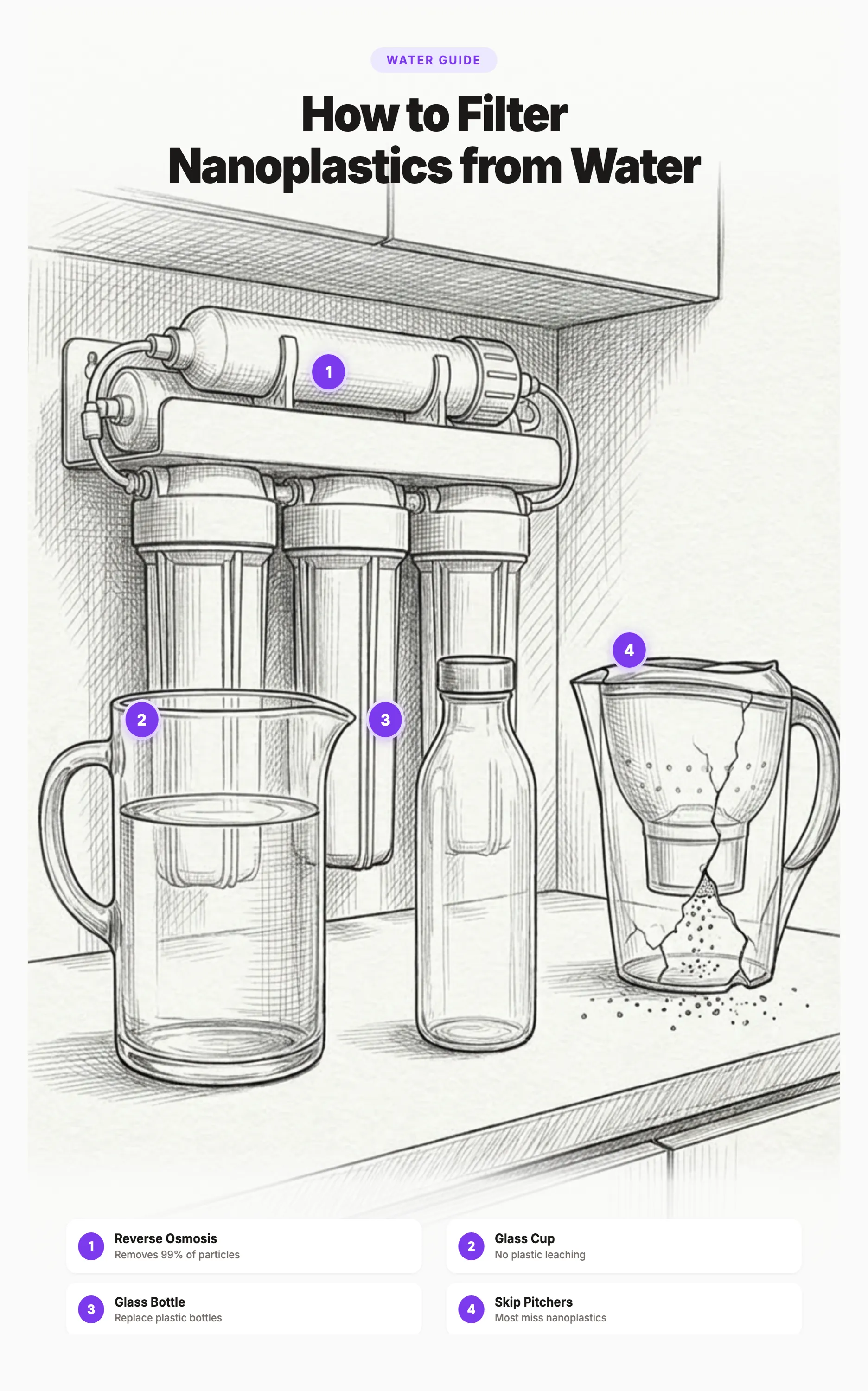 Pinterest infographic showing how to filter nanoplastics from water using reverse osmosis, glass cups, and glass bottles