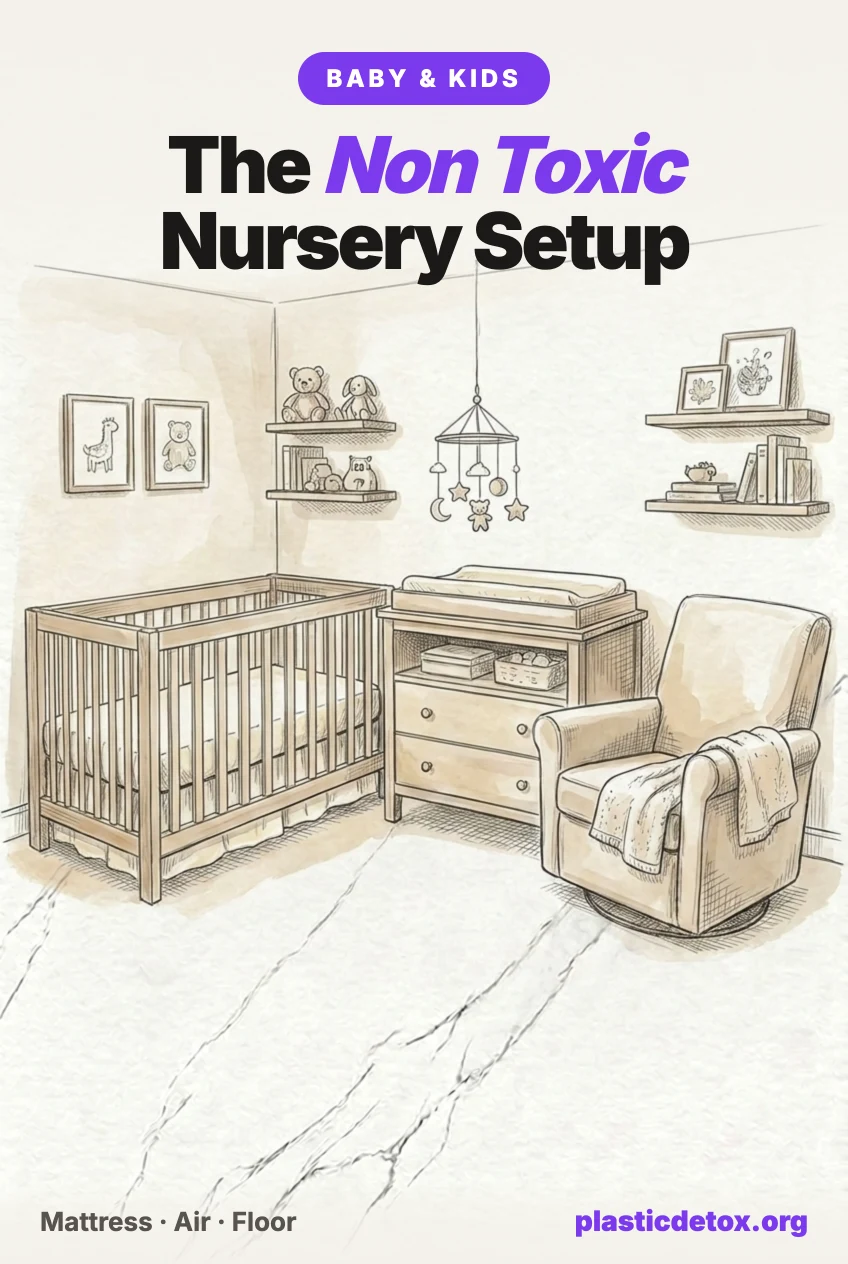 Illustration of a nursery with a wooden crib, changing dresser, glider chair and mobile, under the headline The Non Toxic Nursery Setup
