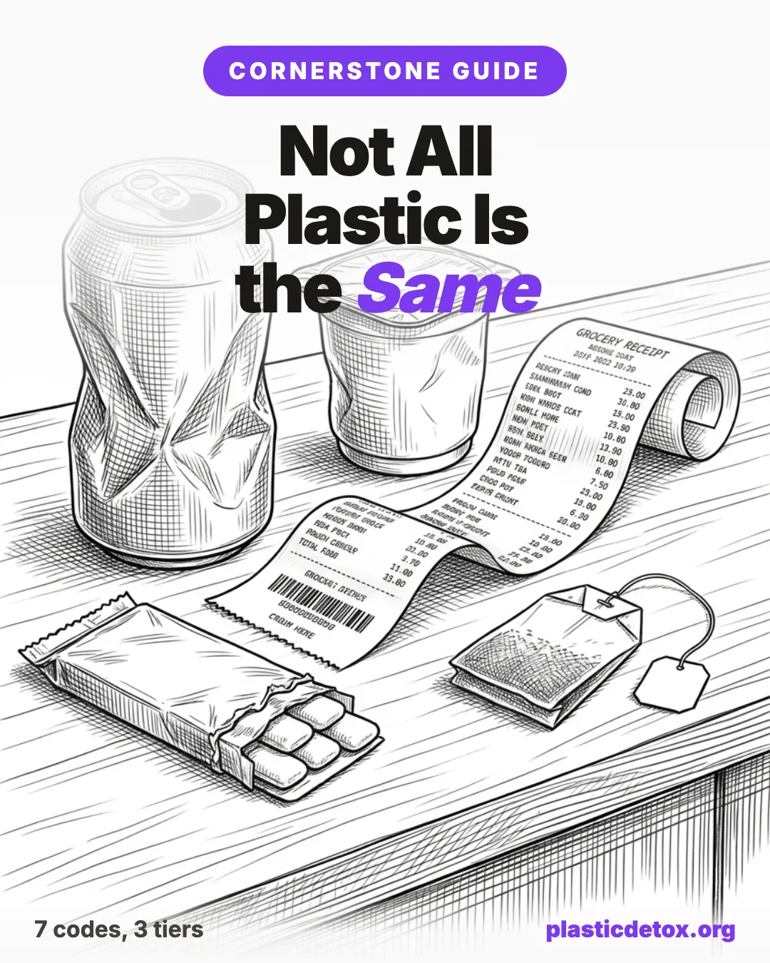 Pencil sketch of a soda can, yogurt cup, receipt paper, chewing gum, and a tea bag on a wooden surface, with the headline Not All Plastic Is the Same and the footer stat 7 codes, 3 tiers