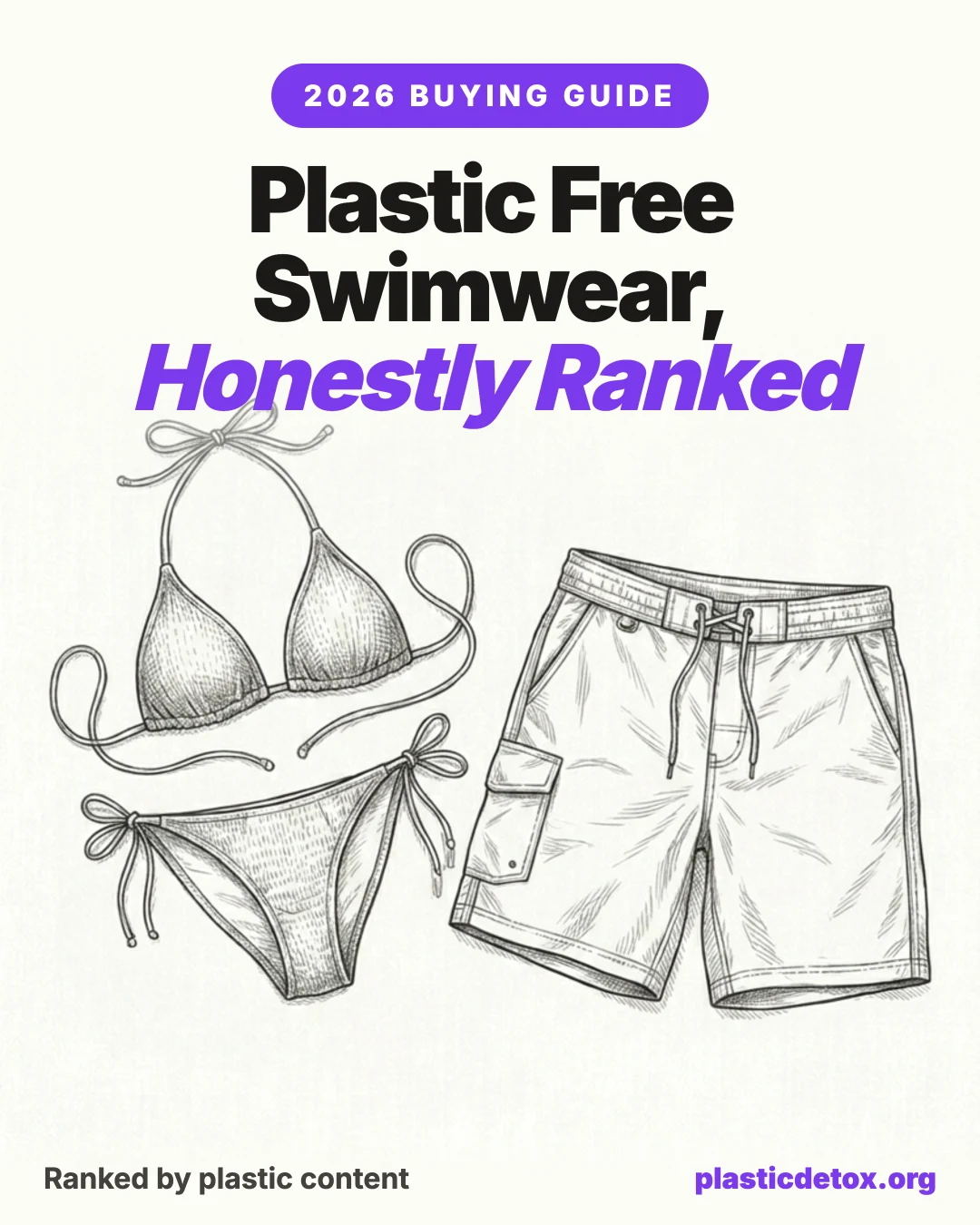 Black and white pencil illustration of a bikini and board shorts under the headline 'Plastic Free Swimwear, Honestly Ranked'
