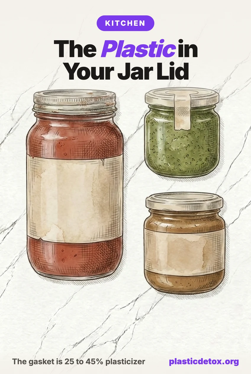 Pencil sketch of jars of sauce, pesto, and nut butter on marble with the headline the plastic in your jar lid