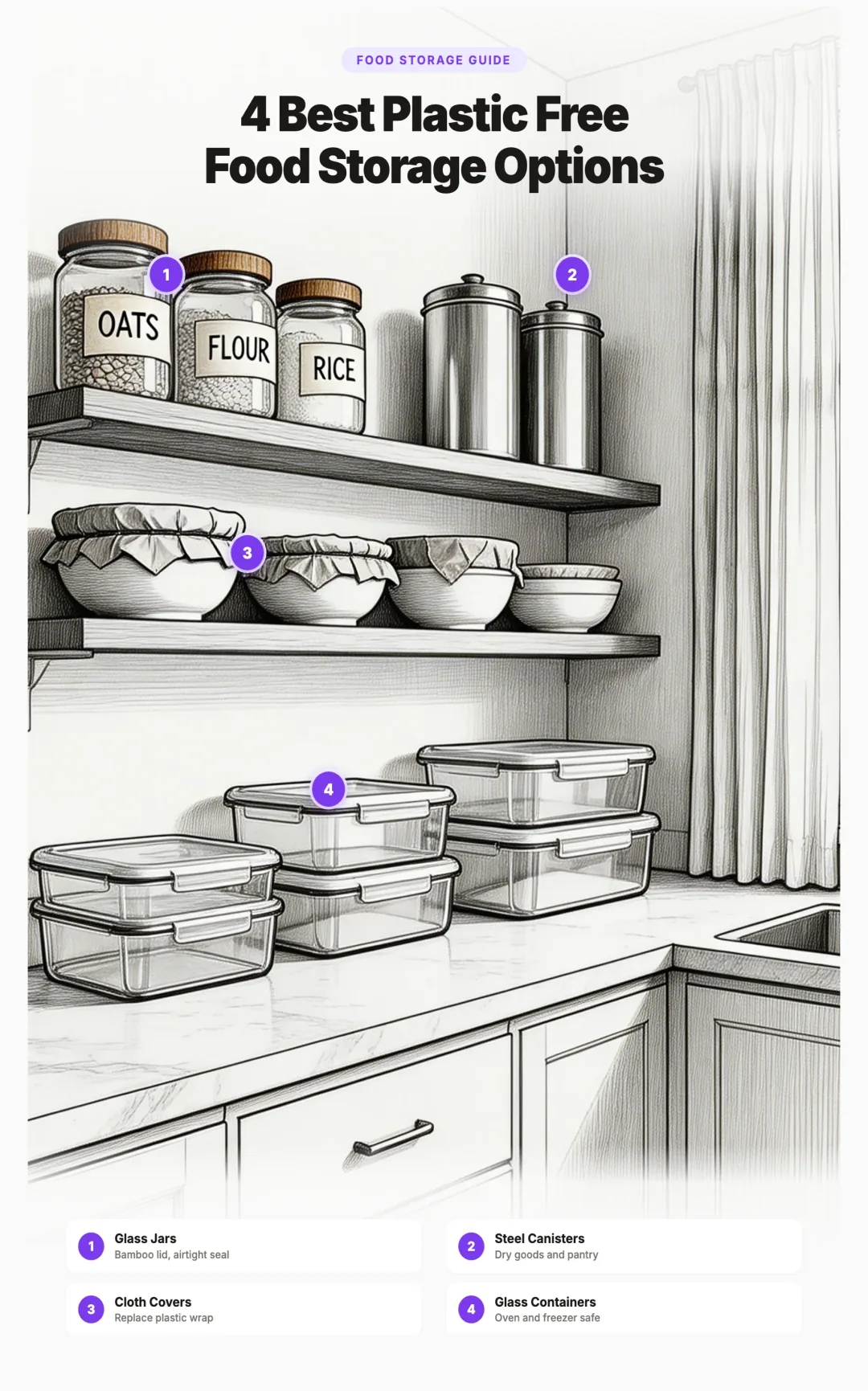 Illustration of 4 best plastic free food storage options: glass jars, steel canisters, cloth covers, and glass containers