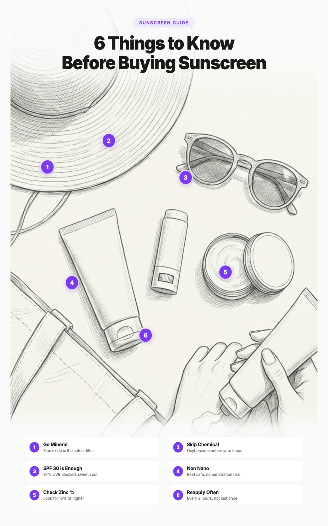 Illustration of 6 things to know before buying sunscreen: choose mineral with zinc oxide, skip chemical filters, SPF 30 is the sweet spot, go non nano for reef safety, check zinc percentage, and reapply every 2 hours