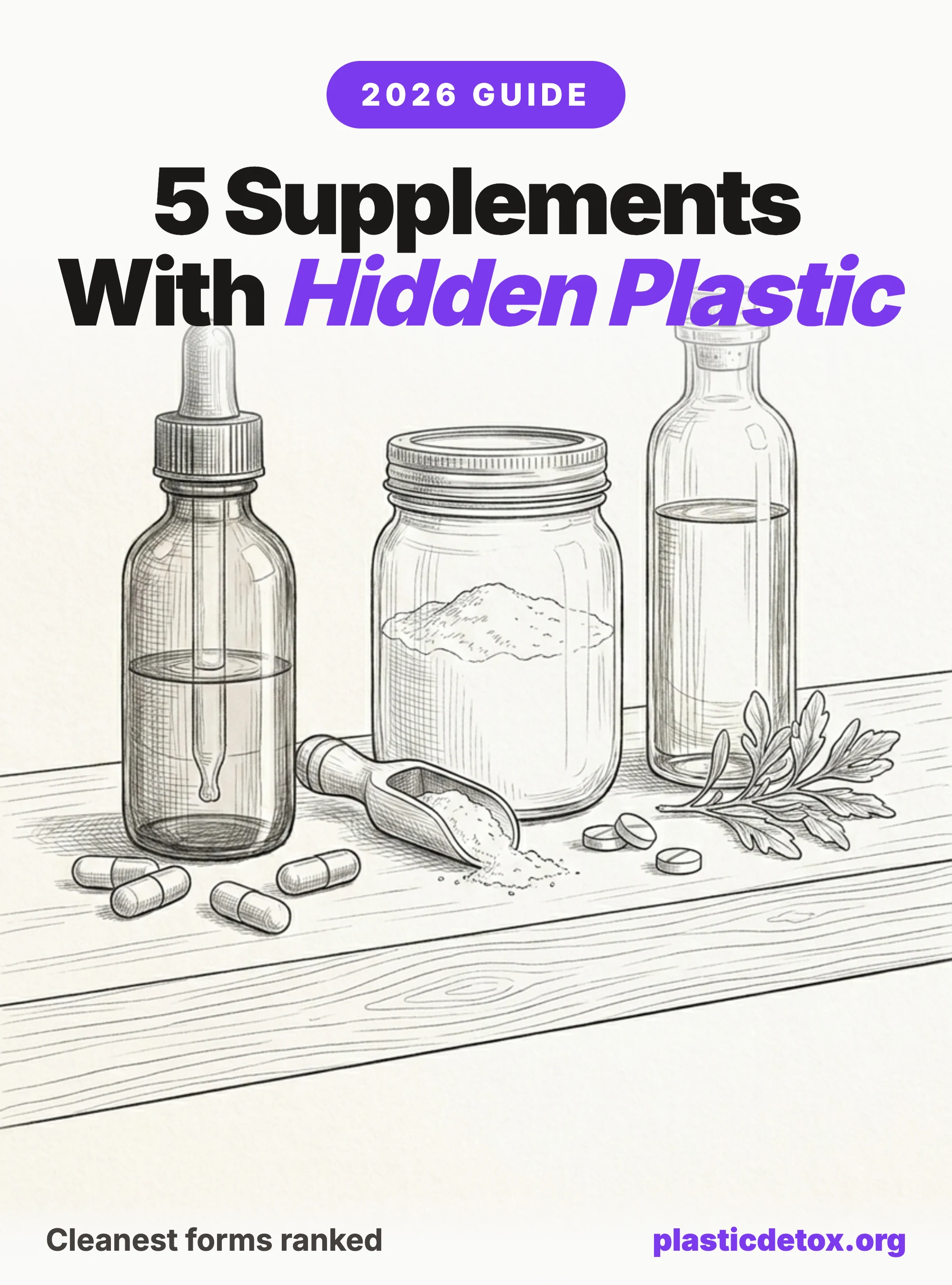 5 supplements with hidden plastic: pencil illustration of glass dropper bottle, glass jar of powder, and tall glass bottle with capsules and herbs