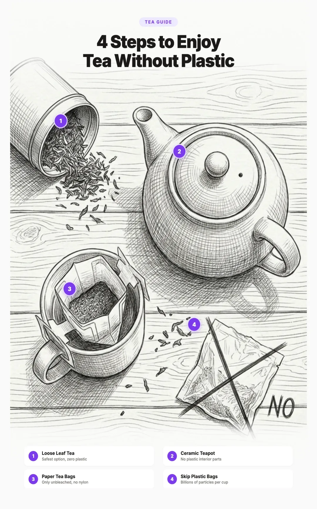 Illustration of 4 steps to enjoy tea without plastic: loose leaf tea, ceramic teapot, paper tea bags, and avoiding plastic tea bags